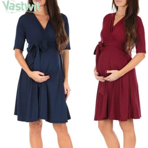 Womens Half Sleeve Wrap Maternity Dress with Adjustable Belt V Neck Breastfeeding Pregnancy Solid Dresses Casual Nursing Dress