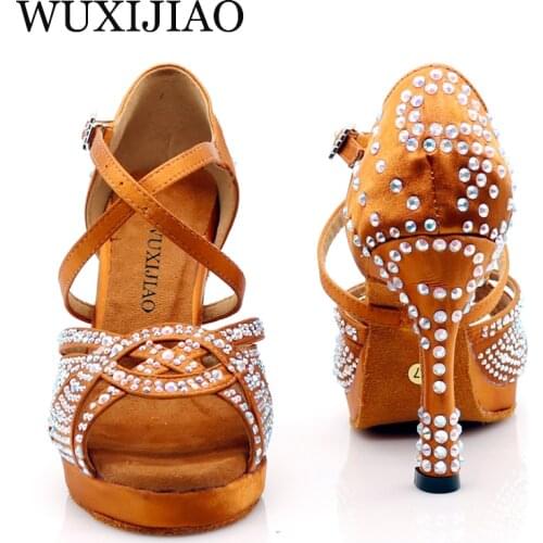 WUXIJIAO New Women Waterproof platform Satin Latin Dance Shoes Rhinestone Salsa Ballroom Dance Shoes Colors bronze