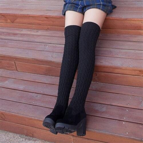 Ladies Brown Elastic Knitting Thigh High Boots Heels 8CM Over Knee Boots Womens Shoes Autumn Winter Fashion Platform Boots Women