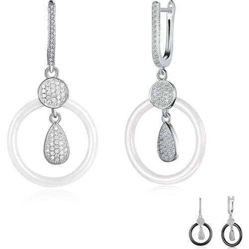 ZEMIOR Sterling Silver 925 Jewelry Water Drop Cubic Zirconia Earrings Dangle For Women Round Black Ceramics Drop Earring Hot