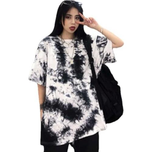 Summer Black White Tie Dye Print T-shirts Vintage Women O-Neck Short Sleeve Loose Korean Tee Tops WDC8163