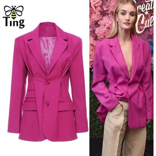 Tingfly Designer Vogue Celebrity Fuchsia Color Blazer Coat Spring Autumn Double Button Casual Tunics Jacket Coat Chic Outerwear