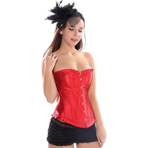 Womens Corset Sexy Bustier Corset for Plus Size Satin Lace Up Lingerie Burlesque Showgirl Rhinestone Top Corset