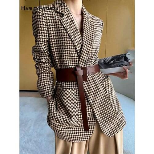 HARLEYFASHIION Casual Temperament Light Ripe Wind Plaid Suit Jacket Women Notched Single Breasted With Sashes Fshion Blazer