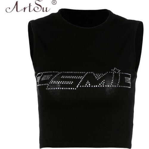 ArtSu Black Letter Rhinestone Cotton Tops Women Summer Sleeveless Crop Top Streetwear Tees 2020 Ladies Sexy Tank Top Clubwear