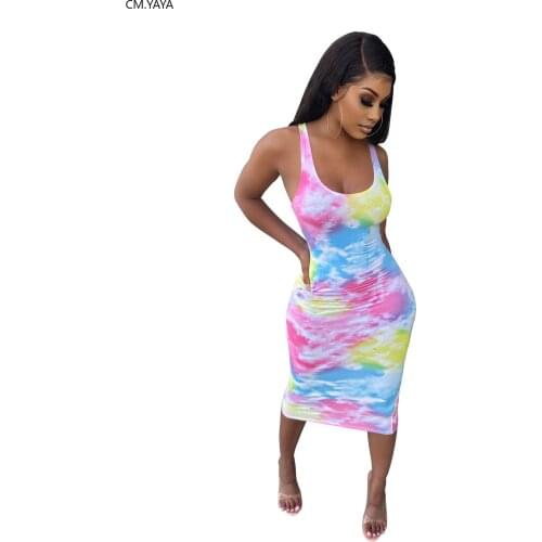CM.YAYA Women Tie Dye Print Sleeveless Bodycon Midi Tank Dress Knee Length Sexy Party Club Bandage Dresses Pencil Vestidos