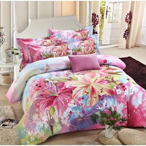 100% Cotton Sanding Printed Flower Bedding Set Wedding Bed Sheet set Duvet Cover Pillowcase Queen King 4pcs colorful red lily