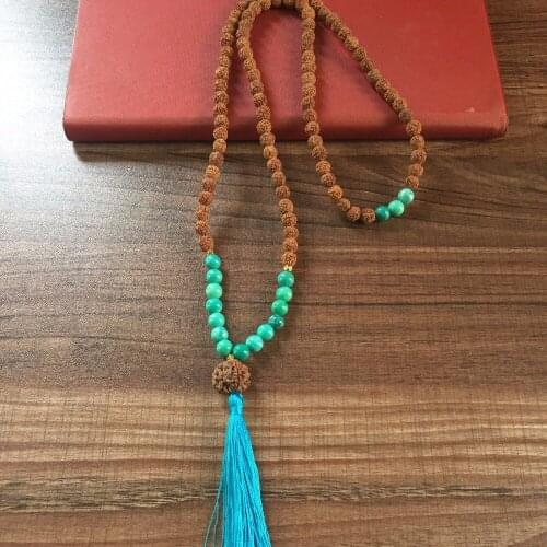 NTurquoise 108 Mala Beads Third Eye Chakra Necklace Yoga Meditation Rudraksha Prayer Beads Bohemian Bodhi Tassel Necklace