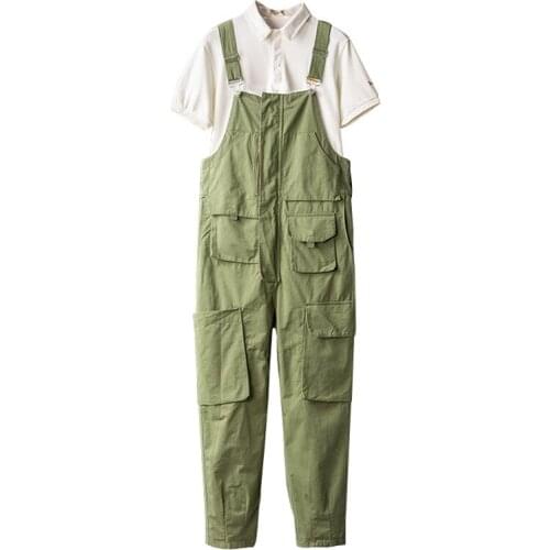 2021 Overalls Mens Bib Jumpsuits Cotton Loose Multi-Pocket Straight Trousers Male Solid Green Brown Casual Long Pants Clothing