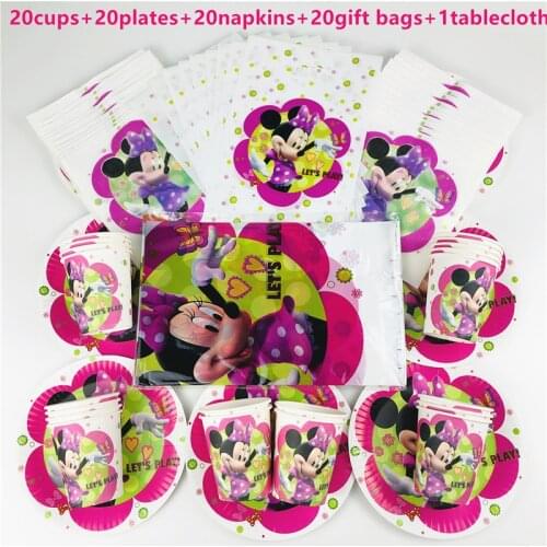 81Pcs Disney Minnie Mouse Theme Disposable Tableware Design Kids Birthday Party Paper Plate+Cup+Napkin+Candy Gift Bags Supplies