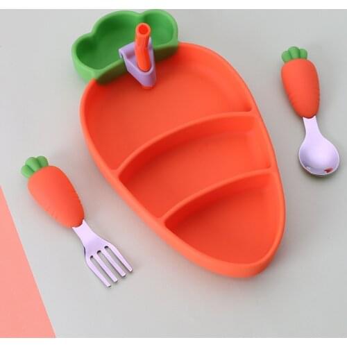 Baby Food Bowl Food Grade Silicone Feeding Bowl Spoon Dining Plate Cartoon Carrot Dishes Suction Toddler Training Tableware