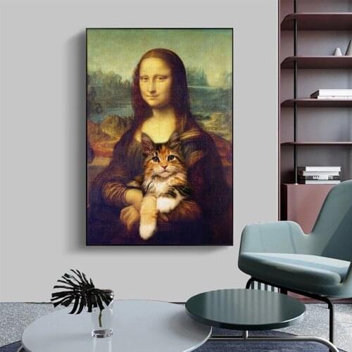 Mona Lisa holding cat canvas painting and funny art decoration poster Da Vinci famous painting living room decoration