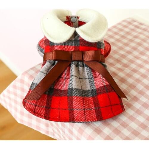 Classic Plaid Girl Dog Dress Warm Princess Cat Skirt Puppy Plaid Dress Winter Pet Dress Girl Dog Bow Tie Plaid Woolen Skirt
