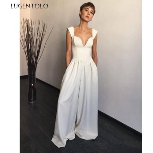 Party Jumpsuit Women Sexy V-neck Slim High Waist Backless Female Casual Wide Legs Thin White Long Jumpsuits Lugentolo