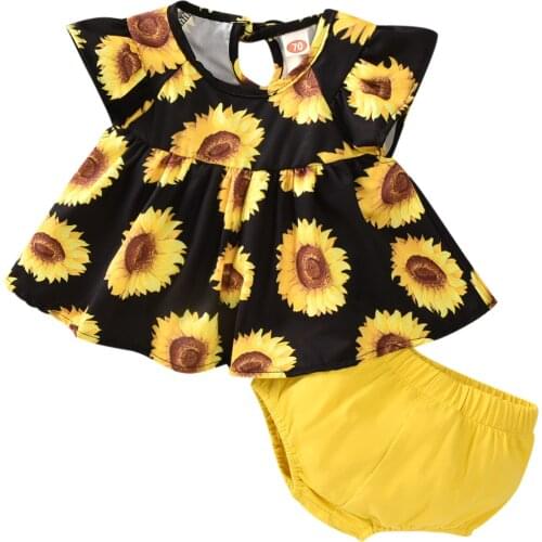 Baby Girls Clothes Set Sunflower Print Flying Sleeve O-neck Large Hem Tops Solid Color Short Pants