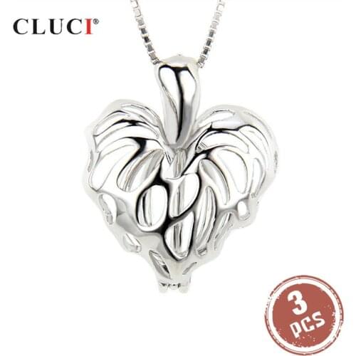 CLUCI 3pcs Maple Leaves Heart Silver 925 Pendant for Women Necklace Jewelry 925 Sterling Silver Pearl Cage Pendant SC076SB
