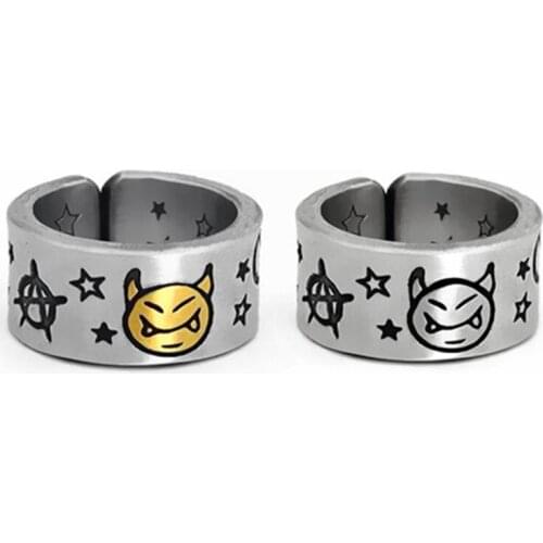 Fashion Punk Retro Devil Smiley Star Male And Female Couples Open Ring Pendant Jewelry Party, For Best Friends, Adjustable Gifts
