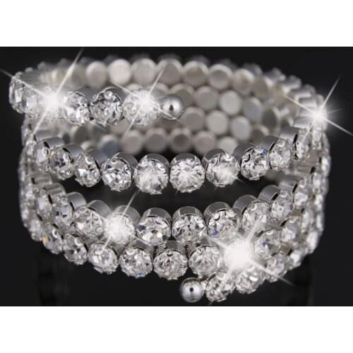 Fashion Bridal Jewelry Three & Four Rows Crystal Rhinestones Silver Color Bracelets for Women Wedding