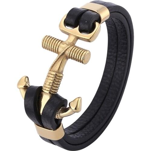 Punk Style Gold Color Stainless Steel Cross Anchor Bracelet Men Leather Bracelets Fashion Wristband Accessories Gift PD0782