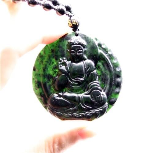 Natural Black Green Jade Obsidian Buddha Pendant Beads Necklace Fine Jewelry Carved Amulet Fashion Charm Gifts for Women