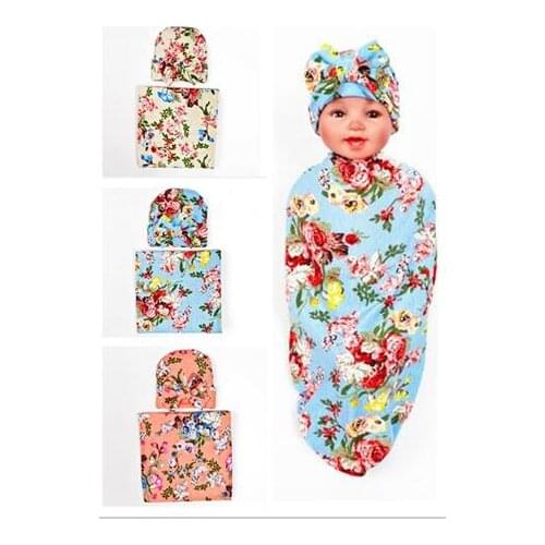 2017 new kids swaddle blanket and bowknot Floral hat cap set flower bud blanket girls photography props muslin swaddle wrap