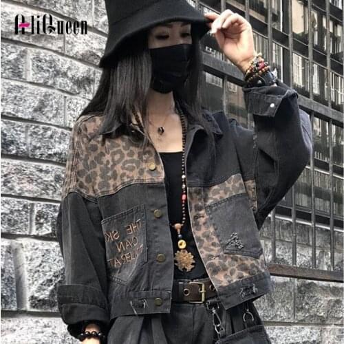 Autumn Black Leopard Women Denim Jacket Short Harajuku Punk Jean Jackets Coat Boyfriend Vintage Loose Pocket Outwear Streetwear