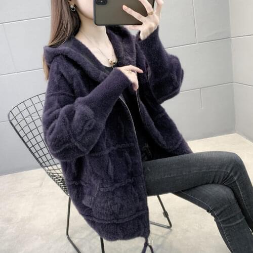 Imitation Mink Cashmere Coat 2020 Autumn Winter New Womens Clothing Thick Plush Cardigan Hooded Knitted Jacket With Zipper Y599