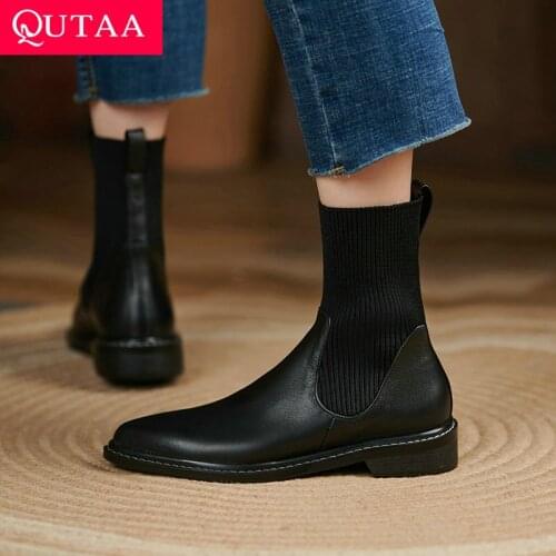 QUTAA 2022 Cow Leather Autumn Winter Ankle Boots Pointed Toe Knitting Short Boots Square Low Heel Women Shoes Size 34-39