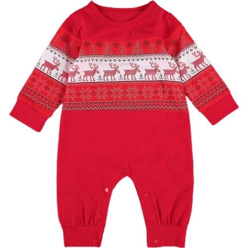 Christmas Babys Printed One-piece Garment Long Sleeve Button Red Christmas Snowflakes and Elk Pattern Bodysuit 0-24 Months