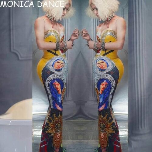 Sexy Stage Colorful Pearl Rhinestone Dress Women Sleeveless 3D Print Bodycon Singer Nightclub Prom Birthday Party long Dresses