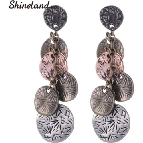 Shineland Vintage trendy Turkish Coin Earrings floral design Boho Gypsy Beachy Ethnic Tribal Jewelry Bohemian Earrings