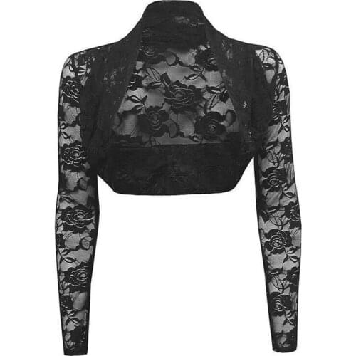 Vintage Long Sleeve Floral Lace Shrug Bolero Cardigan Casacos Slim Cropped Tops Ladies Black Jacket Spring Coat Women Clothes