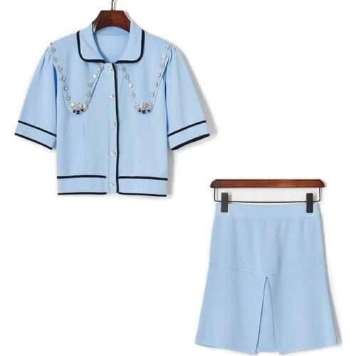 Knitted Top and Skirt 2 Piece Set Women 2021 Cute Peter Pan Collar Beaded Cropped Cardigan + Front Split A Line Mini Skirt Set