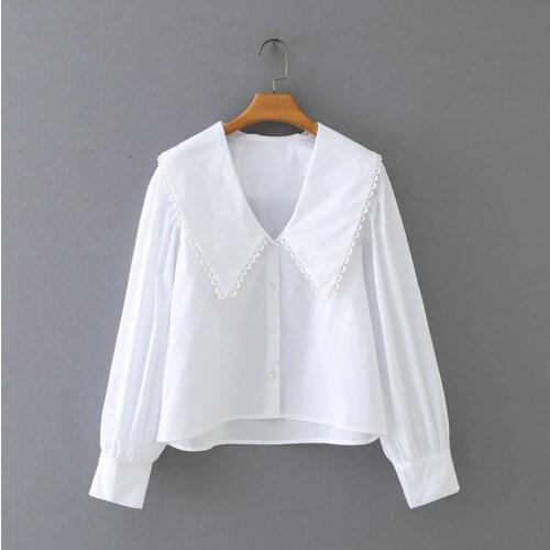 2021 New Spring Summer Women Female Casual Polyester Shirt Brand Blouse Outwear Peter Pan Collar Lace Stitching Tops