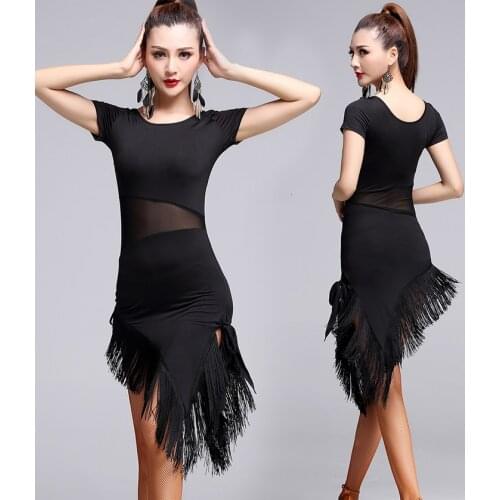 2020 Women Tassel V-Type Mesh Dance Wear Latin Dance Dress Adult Performance Practice Clothes Training Ballroom Salsa Costume