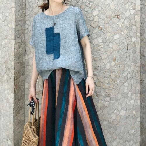 2020 summer new womens large art cotton linen loose short sleeve shirt