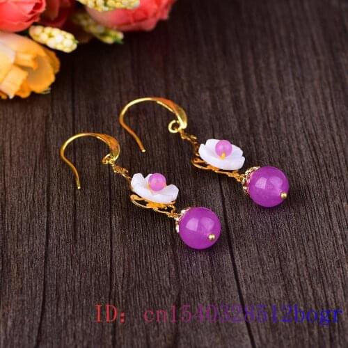 Purple Jade Flower Earrings Women Amulet Fashion Gemstone Chalcedony 925 Silver Zircon Jewelry Natural Crystal Charm Gifts