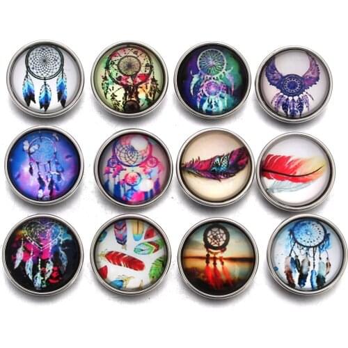 10pcs/lot New Mixed Styles Feather Dream Catcher 18mm Glass Snap Button For DIY Snap Button Bracelets Bangles Snap Jewelry