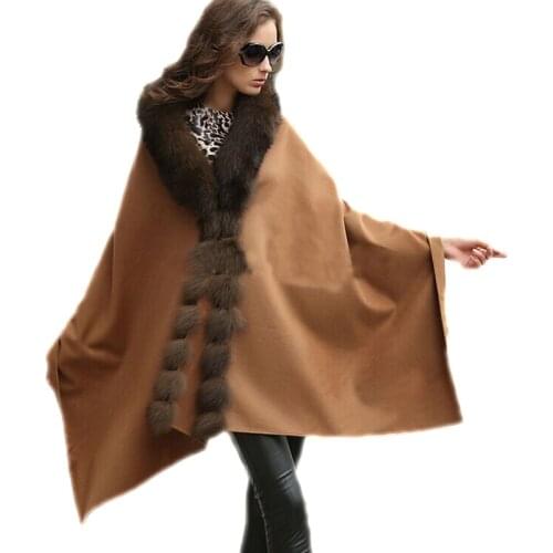 100% Real Cashmere Wraps Women Real Fox Fur Poncho Female Cloak Coat Lady Winter Cape/Shawl/ BROWN