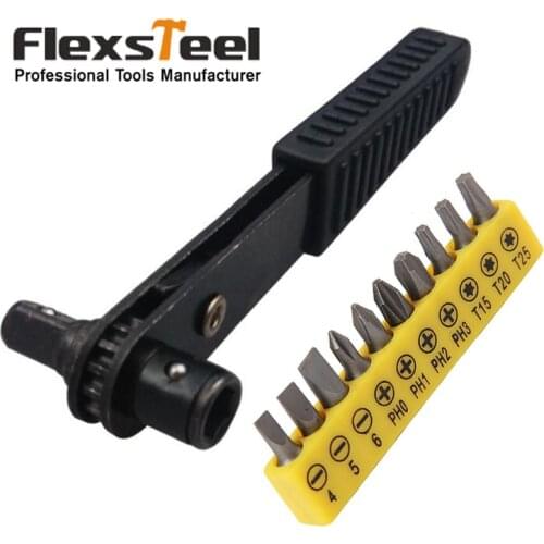 Flexsteel 11pcs/set 1/4 Drive Mini Size Ratcheting Right Angle Screwdriver+10pcs CRV Bit Set Quarter Pole Socket Spanner Wrench