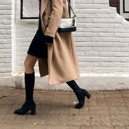 2020 Winter High Boots Women Leather High Heel Long Boots 4cm/6cm Zipper Square Head Shoes Lady Size 33-42 Brown Black