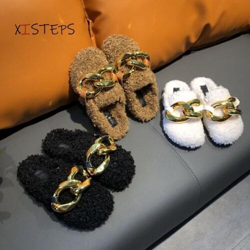 Brand Designer Women Fur Slippers Slip On Metal Buckle Mule Shoes Casual Winter Warm Home Slipper Plush Slides Flip Lambswool