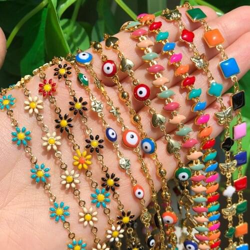 1M Gold Color Stainless Steel Daisy Flower Devils eyes Beads Chain for Bracelets Necklace Jewelry Making DIY Accessories
