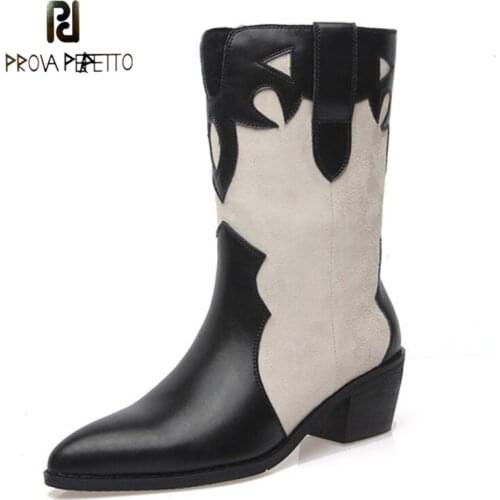 Black and White Color Matching Cowhide Short Tube Cowboy Boots 2021 New Pointed Sleeve Middle Tube Thick Heel Western Boots