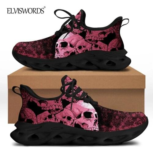 ELVISWORDS Womens Gothic Style Vulcanized Shoes Fashion Pink Skull Design Sport Sneaker Female Casual Lace-up Flats 2021 New