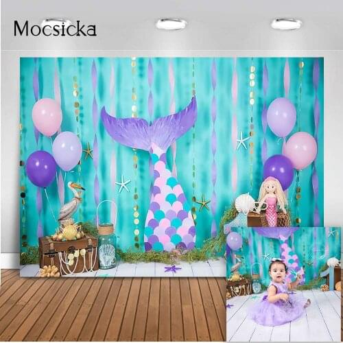 Purple Mermaid Princess Backdrop for Photography Under the Sea Background for Photo Studio Pearl Treasure Adventure Photobooth