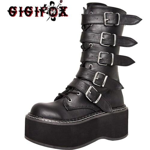Brand 2021 Large Sizes 43 Platform Heels Motorcycles Boot Belt Buckles Fashion Cool Black Gothic Style Shoes Woman Boots Female