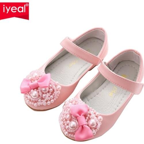 IYEAL New Fashion Children Baby Girls Princess Shoes With Pearls Bow Kids Wedding Party Dress Shoes for Girls Pink / White
