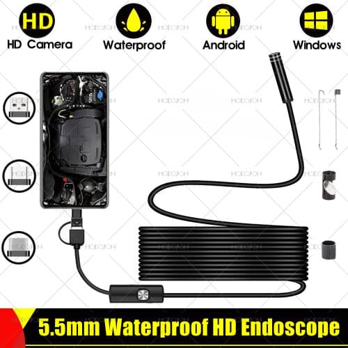 5.5mm HD Endoscope Camera IP68 Waterproof Zoomable Inspection Borescope Soft Hard Snake Cable Endoscope For Android Phone Laptop