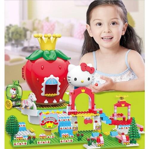 HelloKitty Model Building Blocks Toy Girls Play House Toy Cute KT Cat Music Farm Tea Pot Bricks Toy Educational Kids Toy Gift